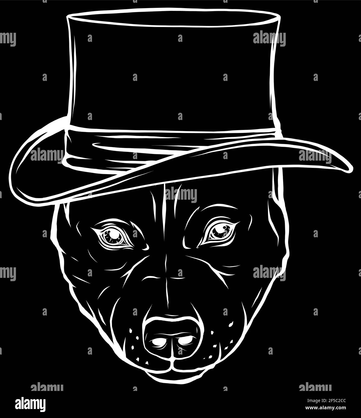 silhouette blanche de chien pitbull avec chapeau sur fond noir Illustration de Vecteur