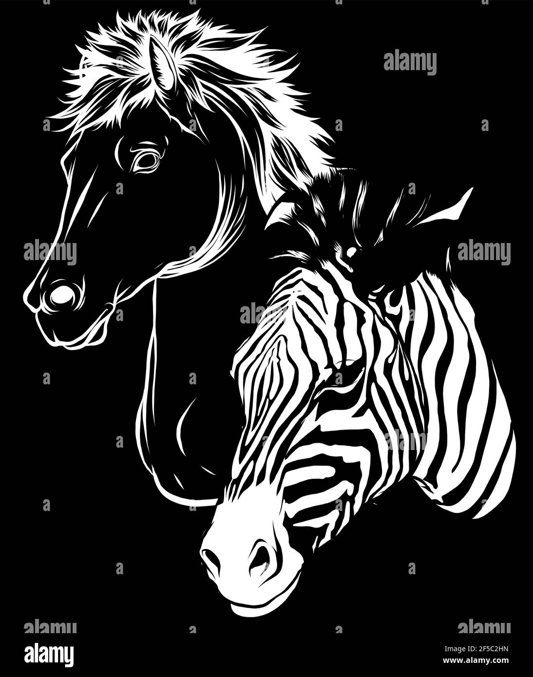 Silhouette blanche de zèbre et profil de tête de cheval sur le noir arrière-plan Illustration de Vecteur