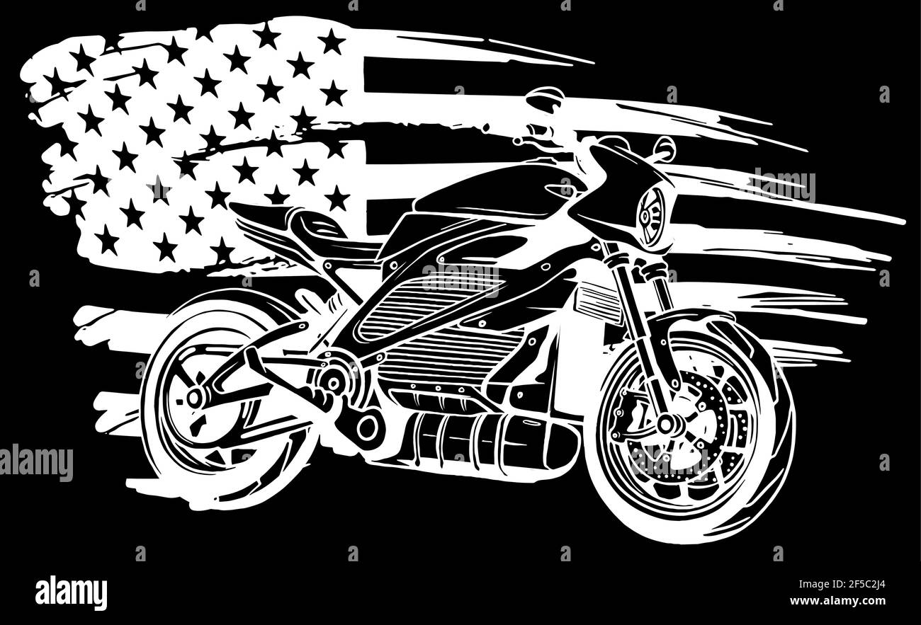 silhouette blanche de moto avec drapeau américain sur fond noir Illustration de Vecteur