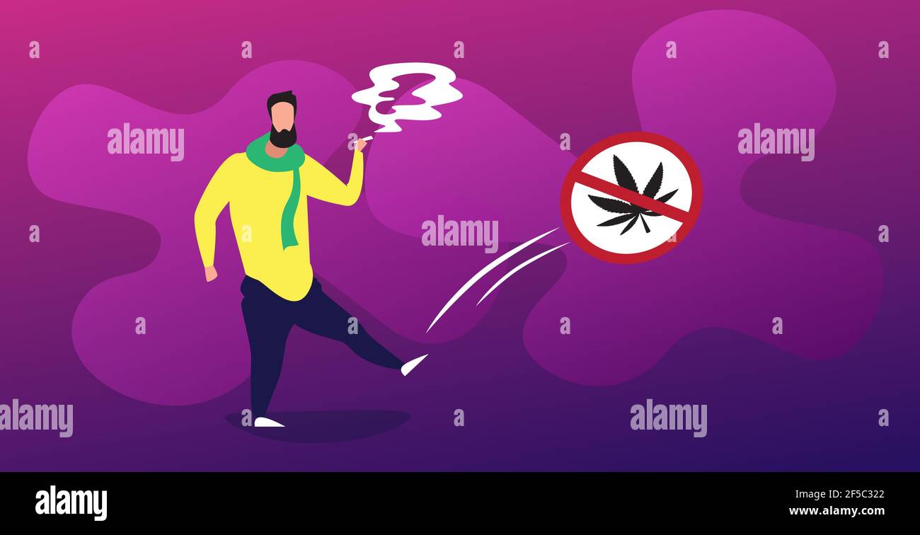 homme fumant de la marijuana joint près de l'interdiction signe de drogue interdiction de cannabis icône drogues consommation addiction concept pleine longueur horizontale Illustration de Vecteur