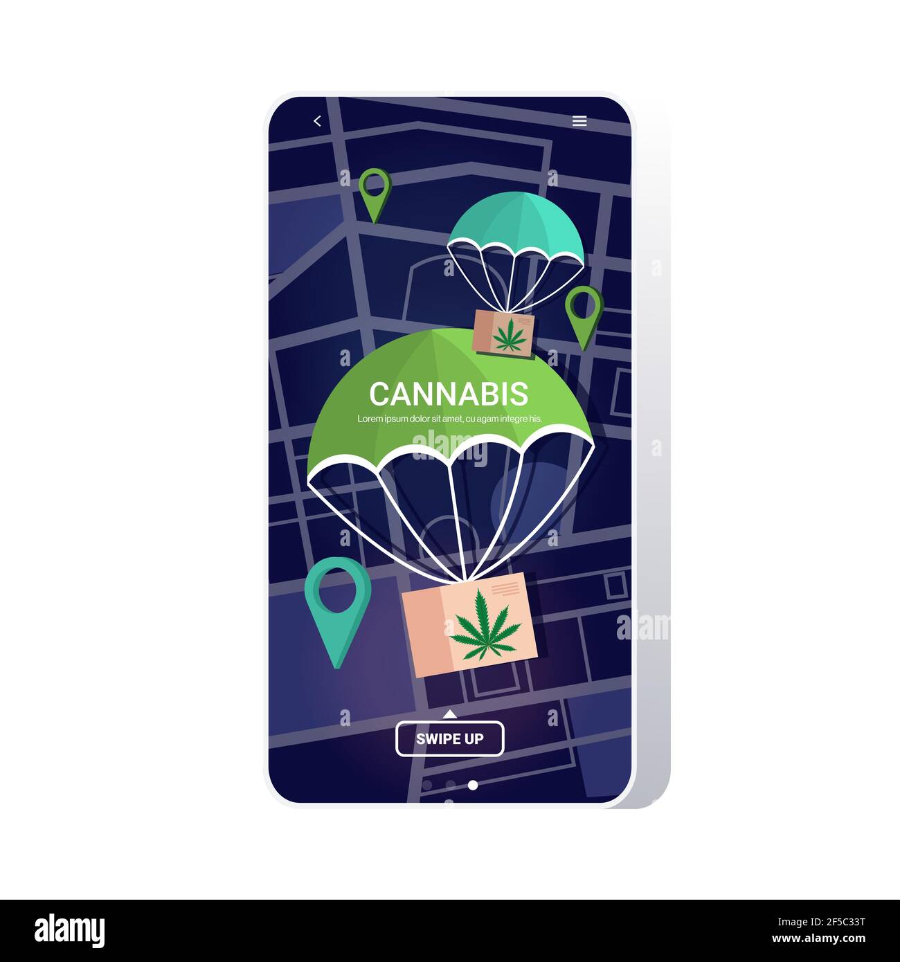 les boîtes de colis de cannabis tombent avec le parachute de la marijuana sky air mail livraison express consommation de drogues concept carte de ville avec zone géographique Illustration de Vecteur