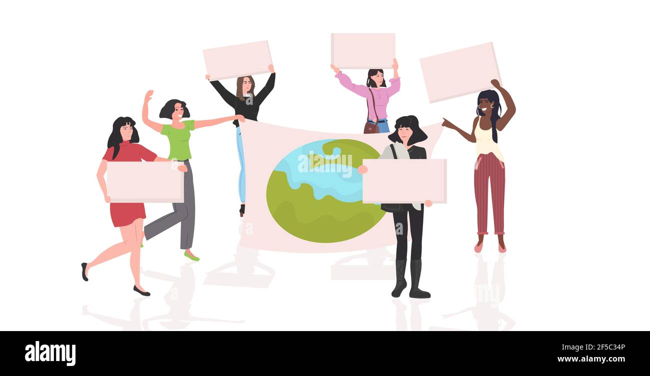 les activistes de l'environnement qui tiennent des affiches vont vert sauver la planète le concept de grève mix course protestataires campagne pour protéger la terre manifestant contre Illustration de Vecteur