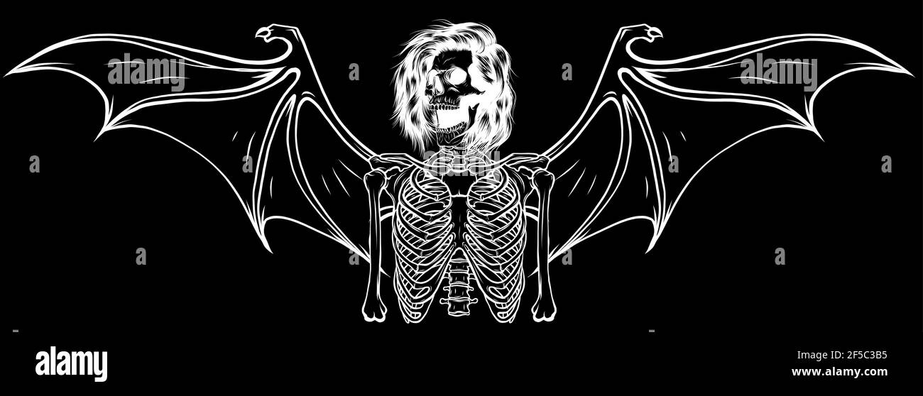 silhouette blanche du squelette humain avec illustration vectorielle des ailes de chauve-souris Illustration de Vecteur