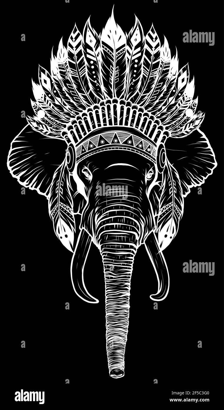Silhouette blanche de la tête d'éléphant avec la coiffe du chef indien américain. Illustration de Vecteur