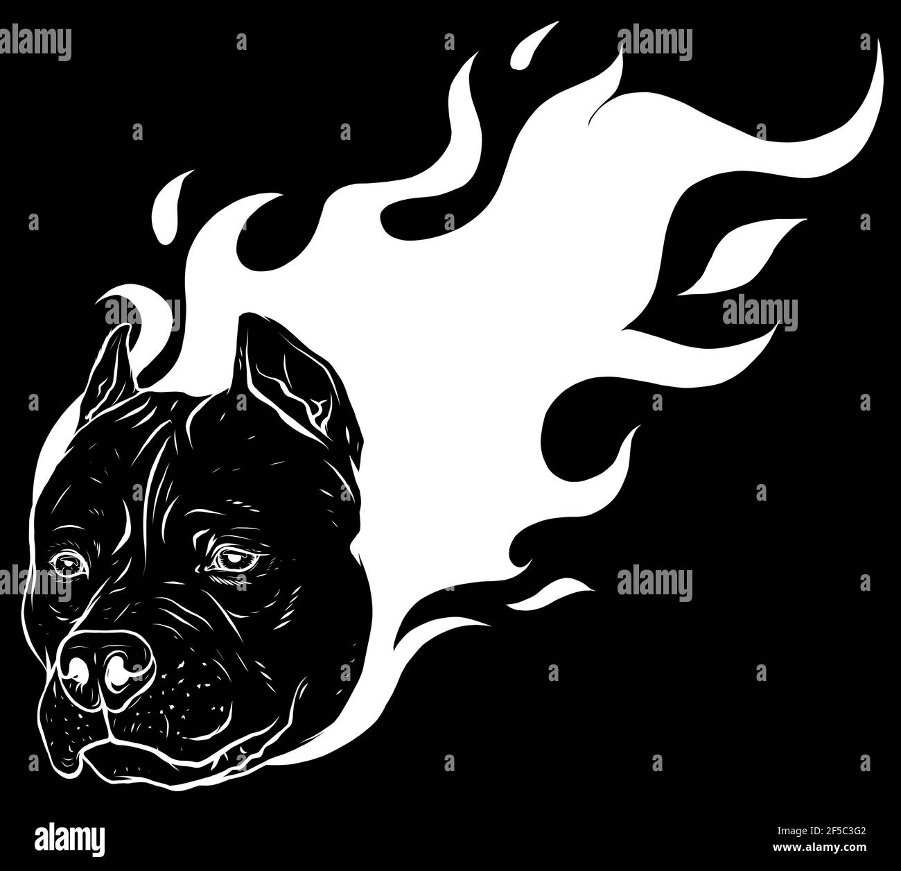 silhouette blanche de la tête de chien pitbull avec vecteur de flammes Illustration de Vecteur