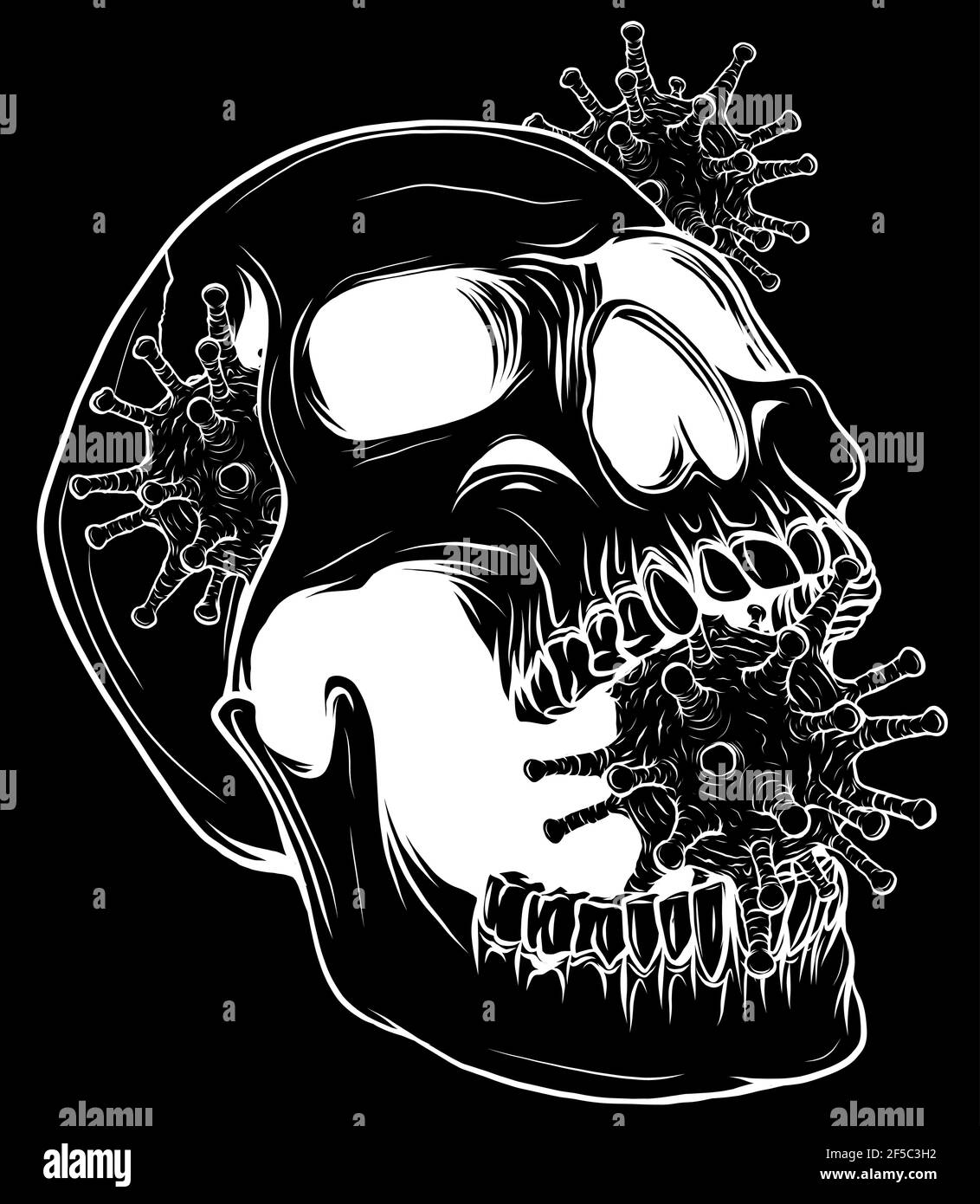 silhouette blanche du crâne humain avec illustration du vecteur du virus Illustration de Vecteur