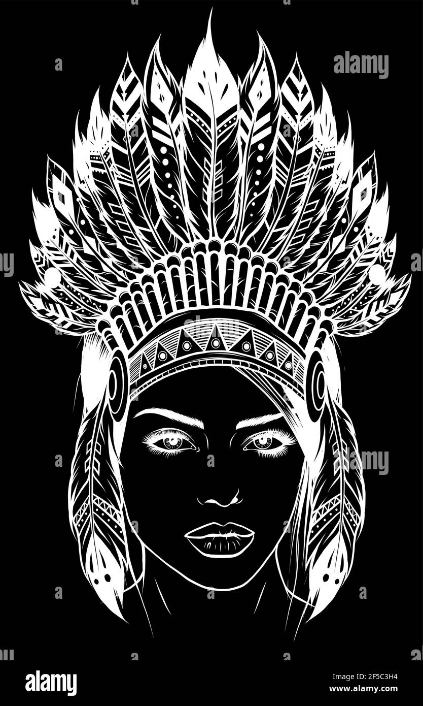 Silhouette blanche d'une belle fille dans une héaddress des Indiens de l'Amérique du Nord. Illustration de Vecteur