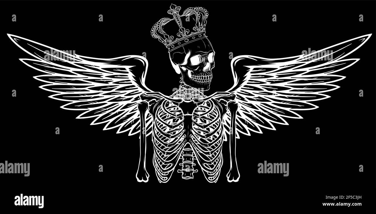 silhouette blanche vectorielle de squelette d'ange avec aile et couronne Illustration de Vecteur