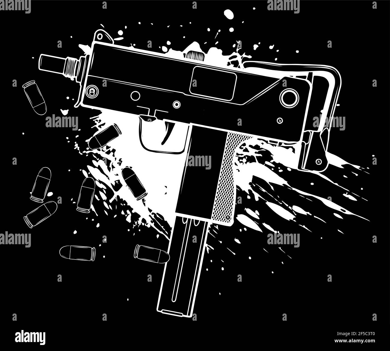 silhouette blanche de l'arme uzi armée avec des balles et du sang Illustration de Vecteur