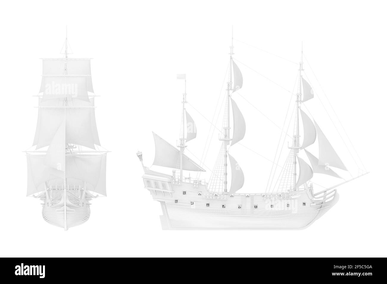 White Vintage Tall Sailing Ship, Caravel, Pirate Ship ou navire de guerre en Clay Render style sur un fond blanc. Rendu 3d Banque D'Images