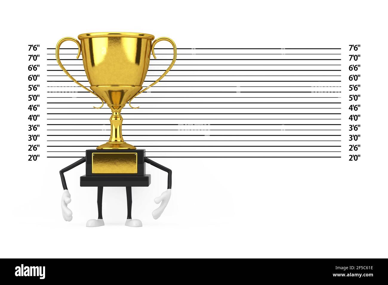 Golden Award Winner Trophée personnage de personne de mascotte devant la police ligne ou Mugshot arrière-plan extrême de gros plan. Rendu 3d Banque D'Images