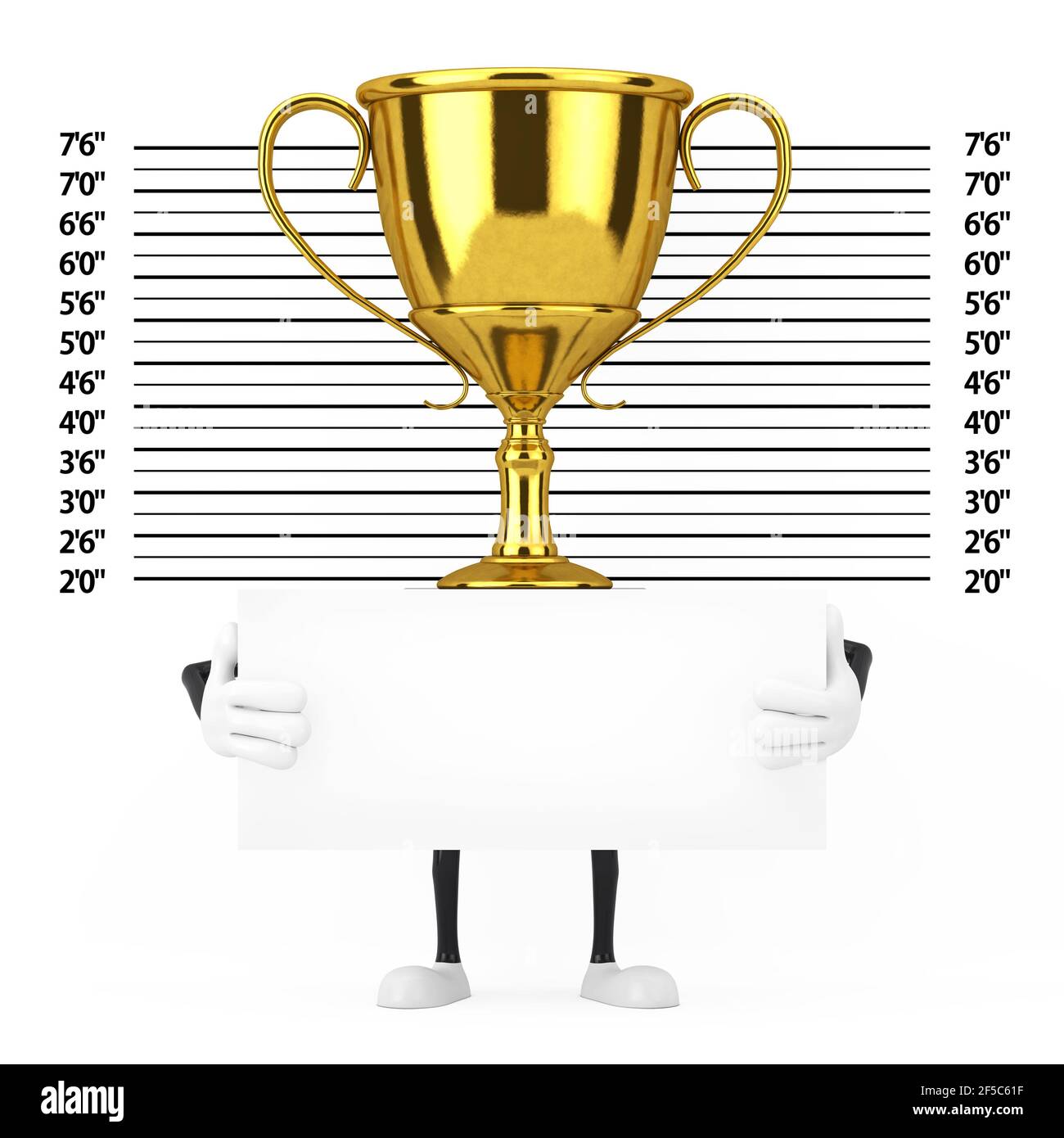 Golden Award Winner Trophée personnage de personne de mascotte avec plaque d'identification devant la police ligne ou Mugshot arrière-plan de gros plan extrême. 3d Rende Banque D'Images