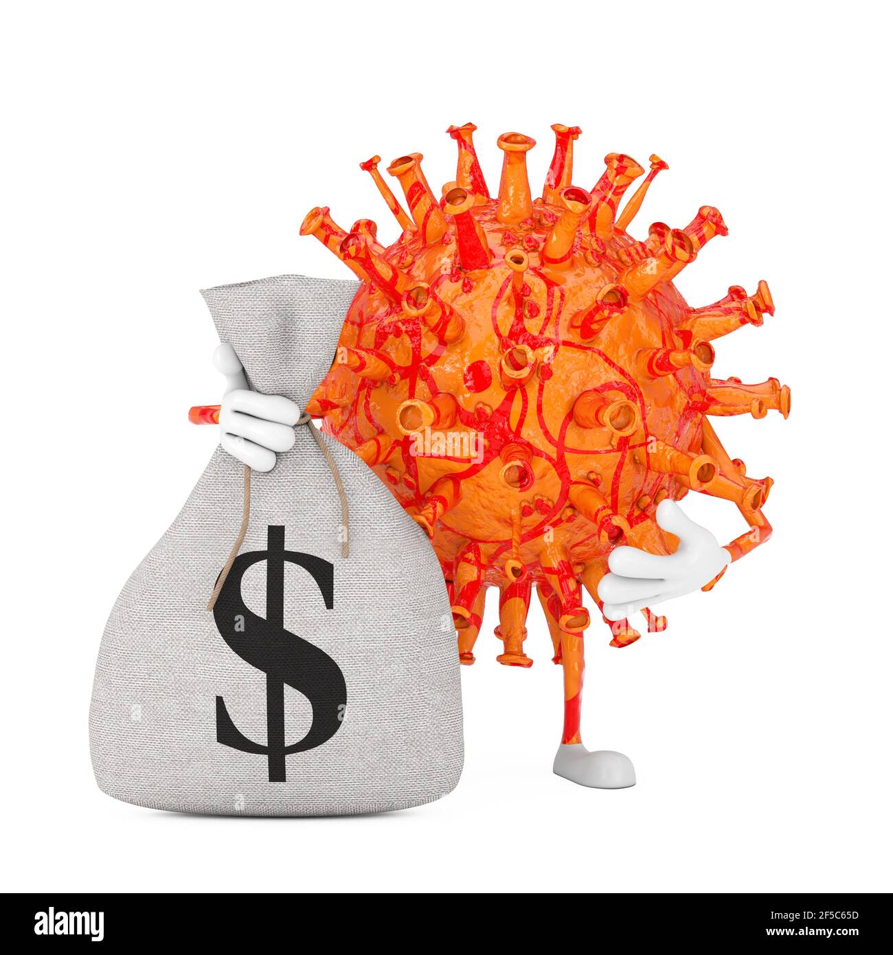 Caricature coronavirus COVID-19 virus mascotte personnage avec rustiques  lié Sac d'argent en toile ou sac d'argent et affiche de dollar sur fond  blanc Photo Stock - Alamy