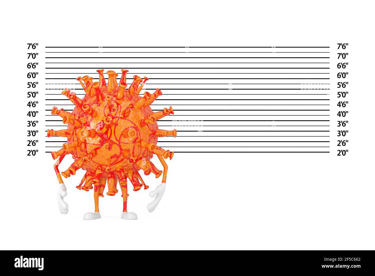 Caricature du coronavirus COVID-19 personnage de la mascotte du virus devant la police ou Mugshot gros plan extrême. Rendu 3d Banque D'Images