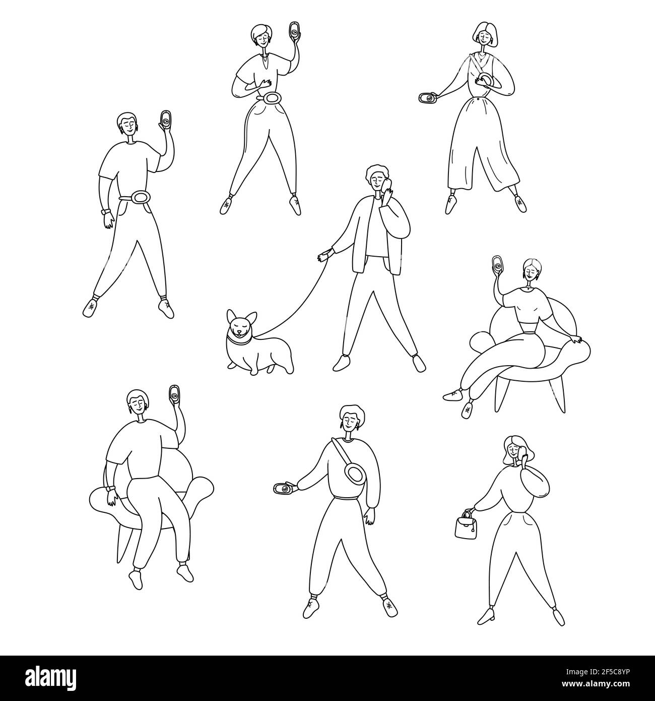 Un grand nombre de personnes parlant au téléphone. Différentes scènes de la vie. Hommes et femmes parlant sur mobile. Communication sociale, photo de selfie et enregistrement vidéo Illustration de Vecteur