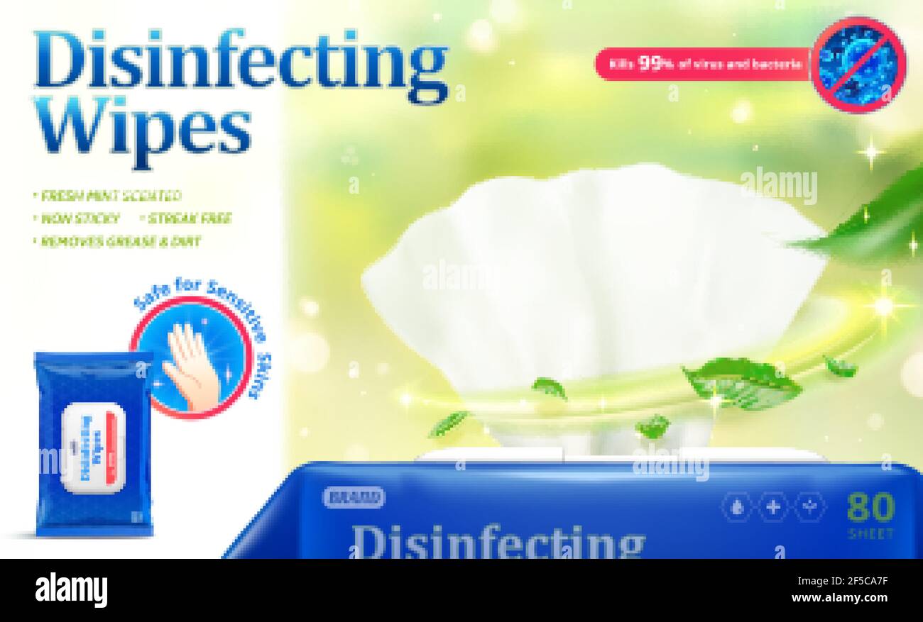 modèle d'annonce de lingettes humides désinfectantes 3d avec maquette de produit et effets de feuilles fraîches. Illustration de Vecteur