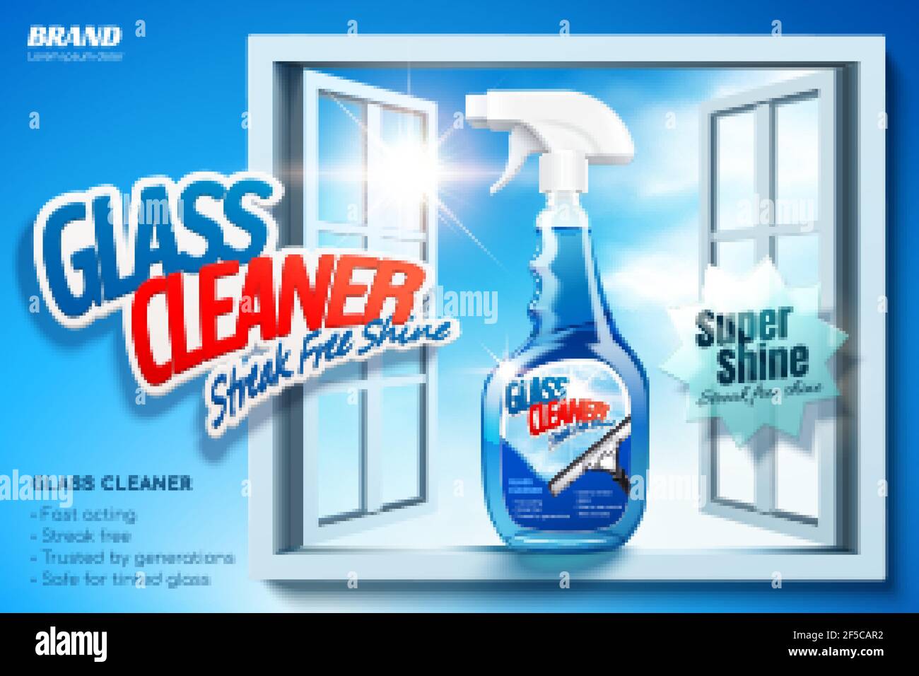 Bannière publicitaire de nettoyant pour vitres dans l'illustration 3D. Ensemble de pulvérisateur dans le seuil de la fenêtre sur fond bleu Illustration de Vecteur