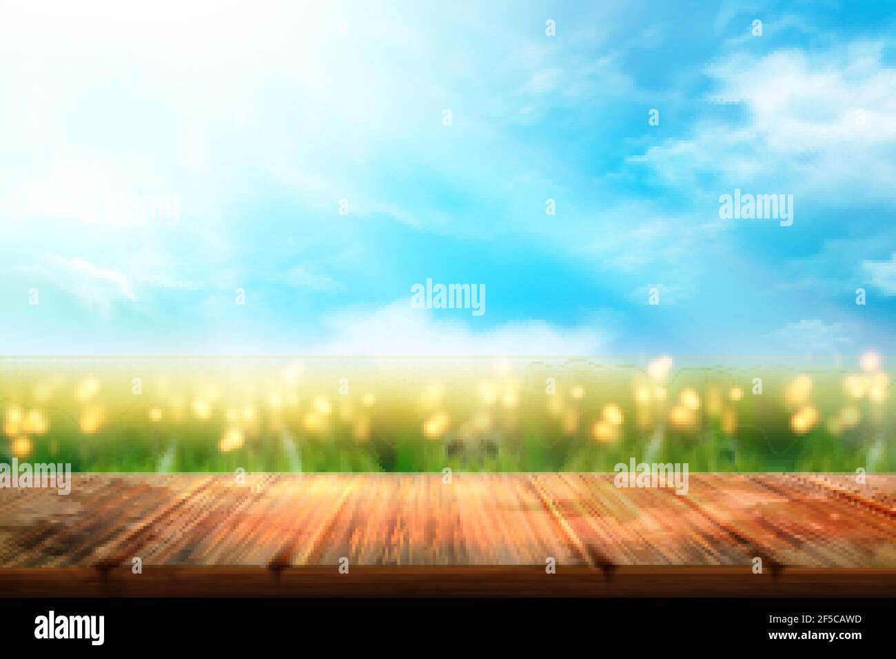 Surface en bois avec arrière-plan de la ferme et ciel lumineux ensoleillé en 3d. Étape pour afficher votre produit a pour la publicité. Illustration de Vecteur