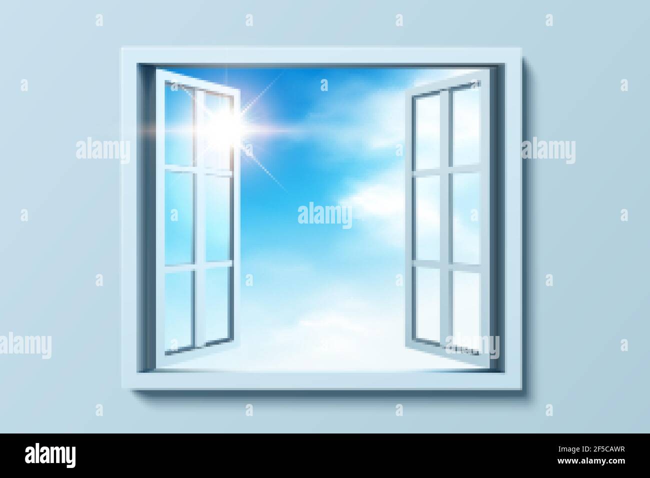 illustration 3d d'une fenêtre ouverte contre un mur bleu, soleil sur ciel bleu à l'extérieur de la fenêtre Illustration de Vecteur