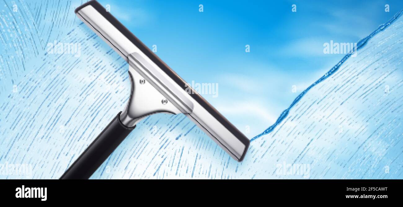Raclette de nettoyage de verre contre fond bleu ciel dans l'illustration 3D, annonce de fond pour le produit de nettoyage de verre Illustration de Vecteur