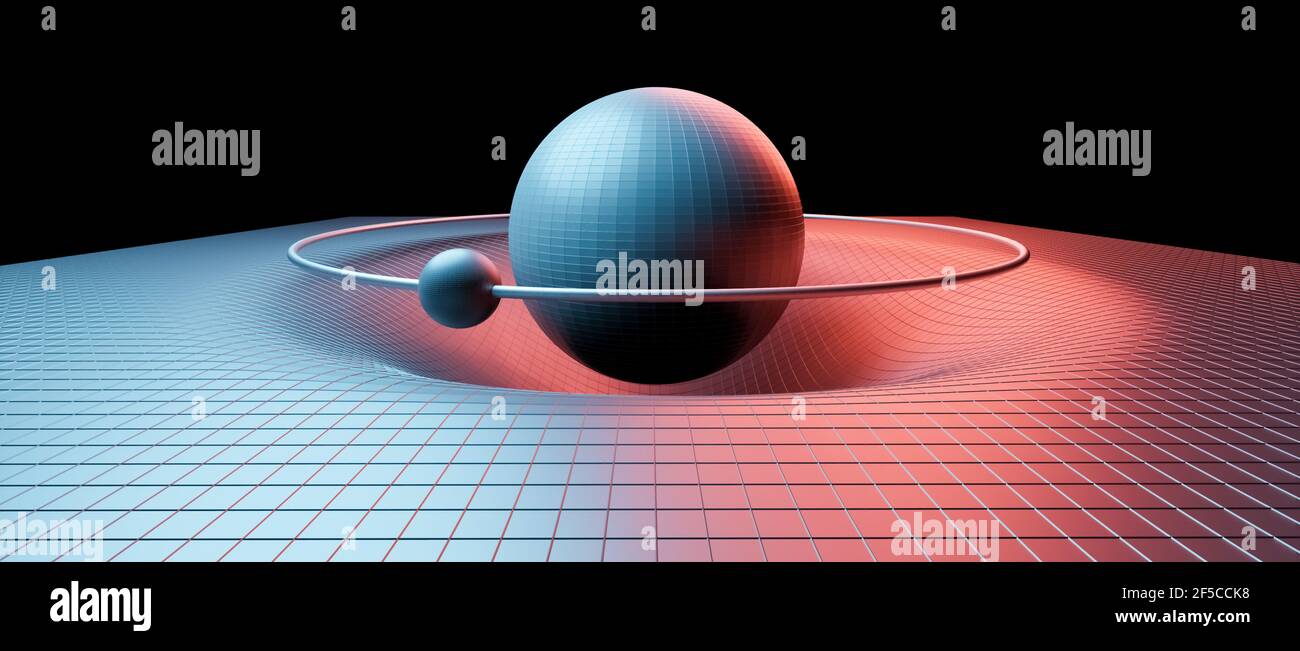 Visualisation 3D de la distorsion de la gravité, des objets physiques en orbite, de l'espace, de la théorie générale de la relativité, de la loi scientifique de la gravitation universelle Banque D'Images