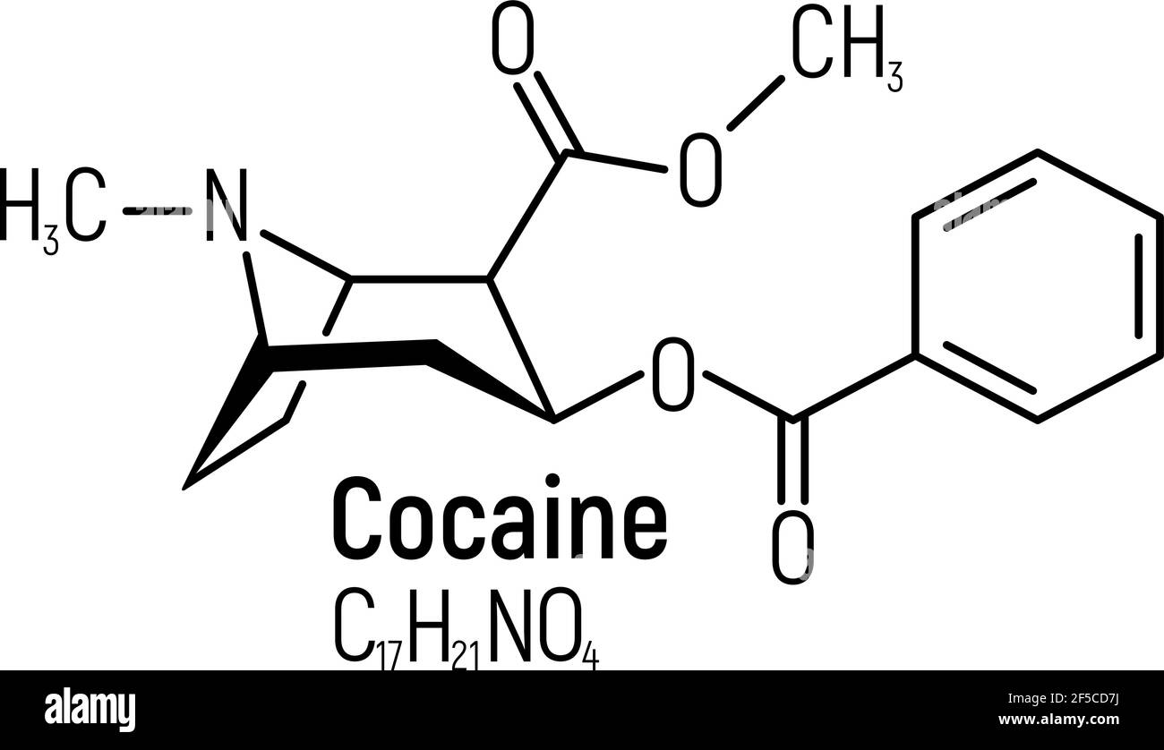 Étiquette d'icône de formule chimique de la cocaïne concept, illustration vectorielle de police de texte, isolée sur blanc. Tableau périodique des éléments, substance addictive. Illustration de Vecteur