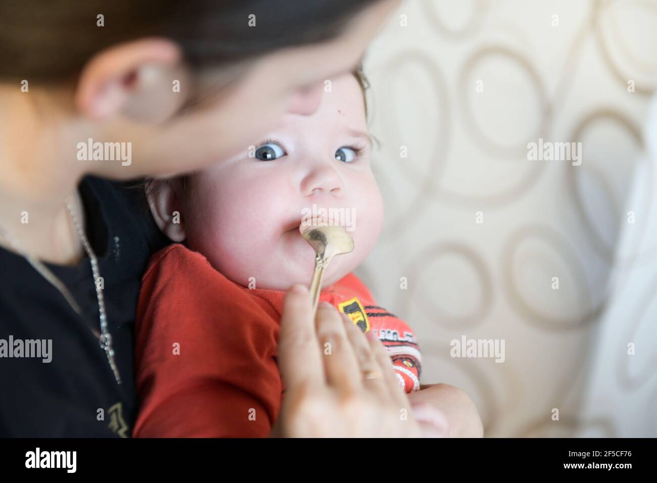 maman nourrit le bébé avec une cuillère sur ses genoux. Maman nourrit le porridge de son petit fils avec une cuillère. Un petit déjeuner équilibré de porridge pour le jeune organisme Banque D'Images