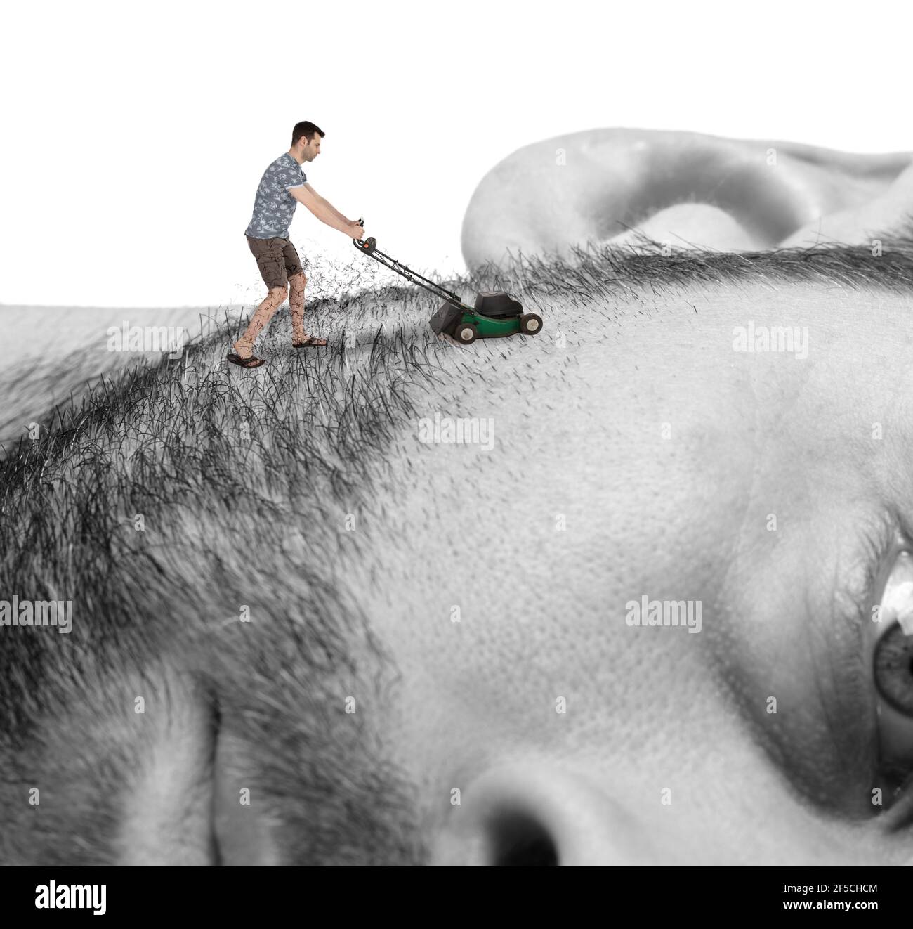 Homme équipé d'une tondeuse à gazon miniature se raser son visage géant, concept d'entretien Banque D'Images