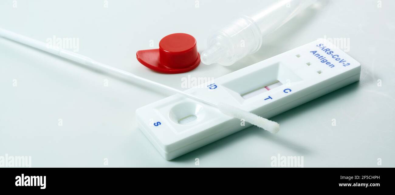 Kit d'auto-test d'antigène rapide avec résultat négatif, diagnostic Covid-19 avec écouvillons nasaux, tube et dispositif de détection, fond clair, espace de copie, panor Banque D'Images