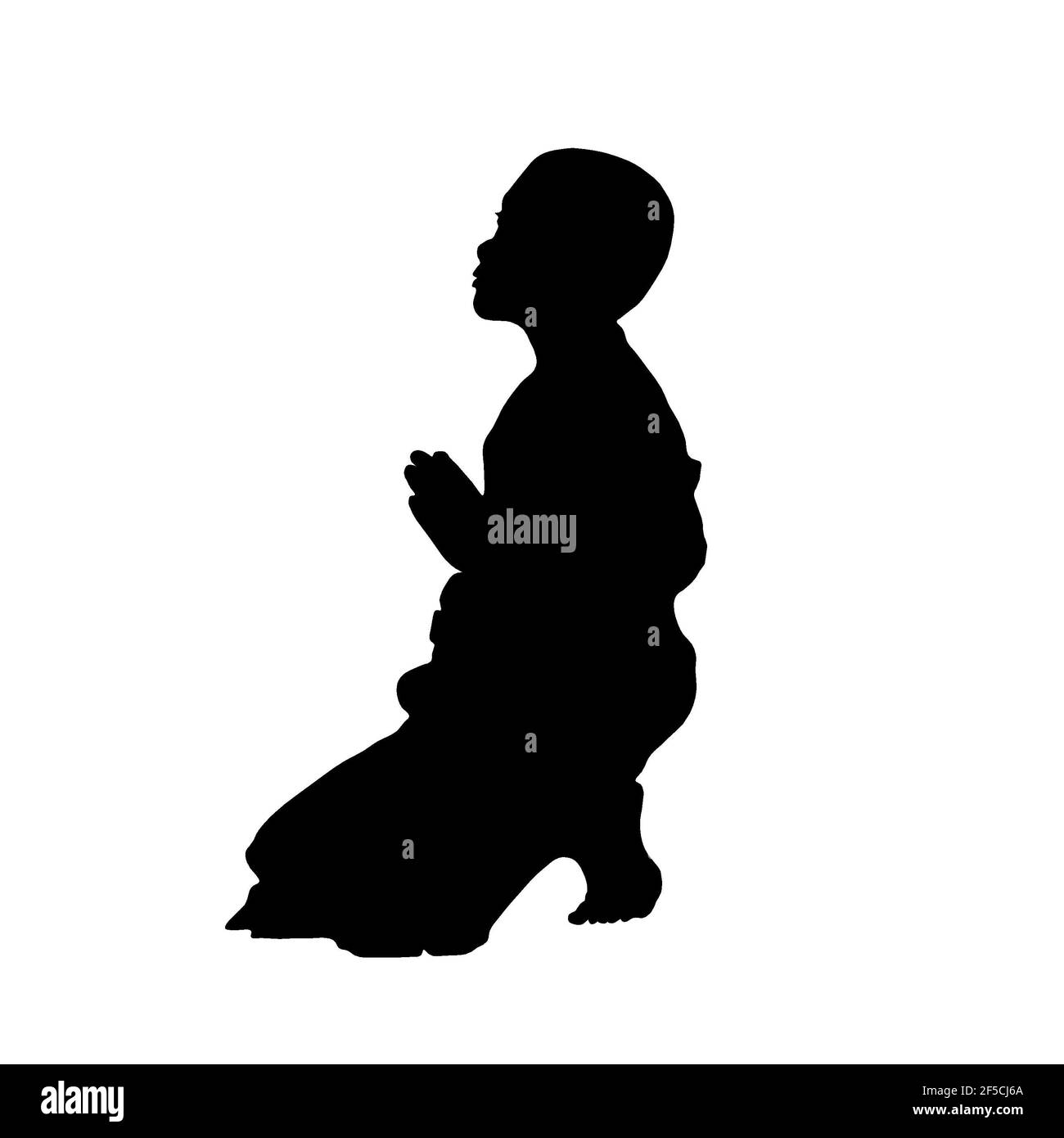 Silhouette jeune moine bouddhiste noir et blanc priant novice accroupi pieds nus agenouillement religion religieuse dieu tradition méditation dévotion Banque D'Images