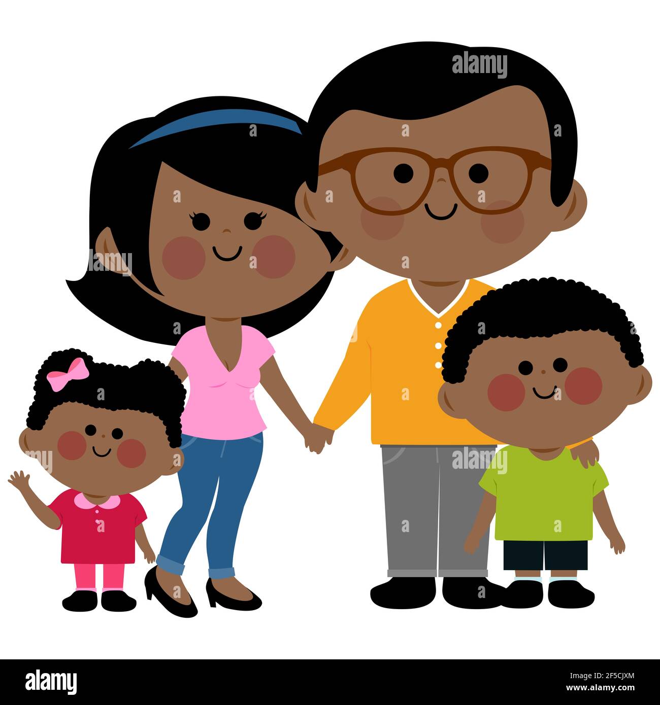 Une heureuse famille noire africaine. Deux parents et leurs enfants, une fille et un garçon. Mère, père et leurs enfants. Banque D'Images