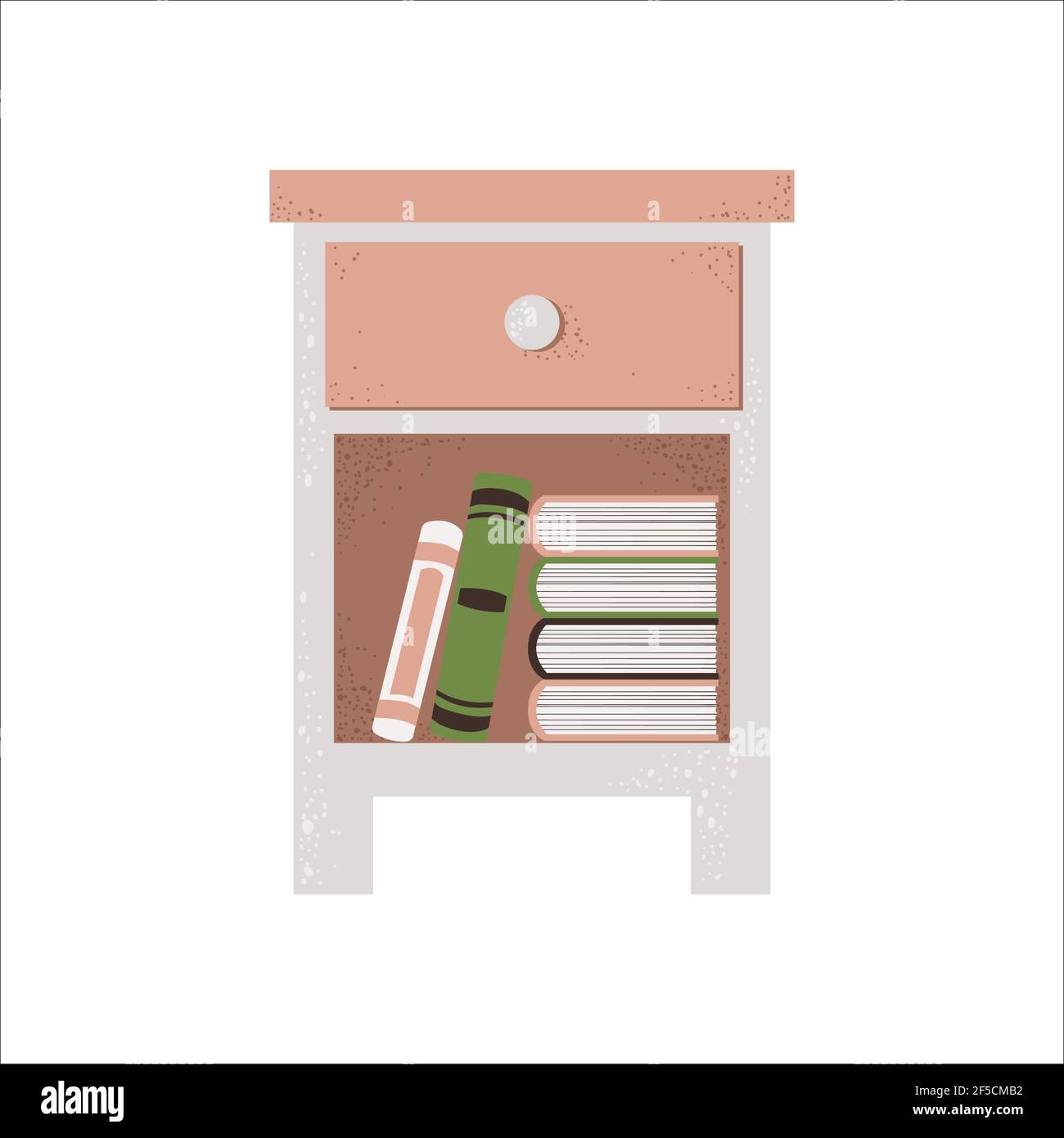 Table de nuit blanche avec livres de style scandinave. Illustration vectorielle de la table de chevet en forme de dessin animé plat. Isolé sur fond blanc. Confortable Illustration de Vecteur