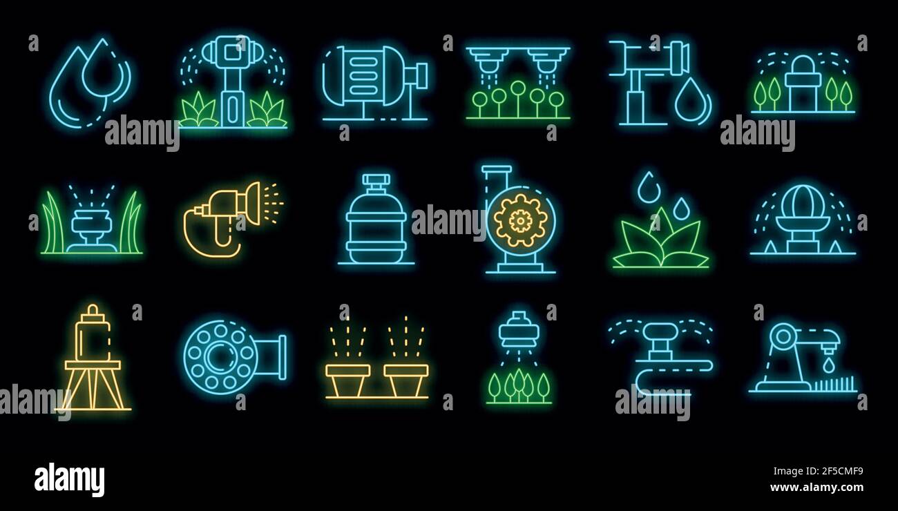 Ensemble d'icônes du système d'irrigation. Ensemble de contours du système d'irrigation vecteurs icônes couleur néon sur noir Illustration de Vecteur