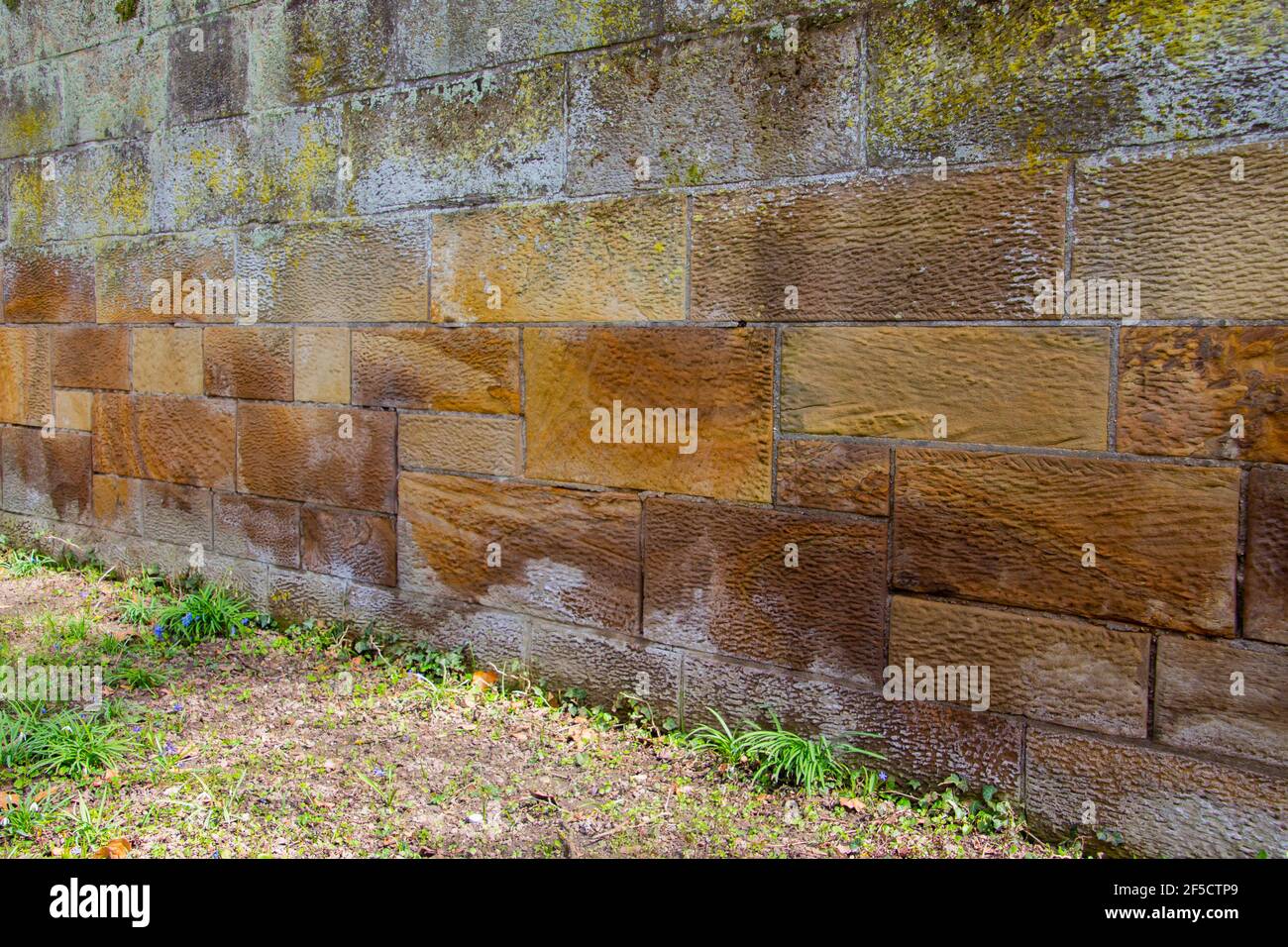 Vieux mur en grès avec lichen coloré et mousse pour l'arrière-plan Banque D'Images