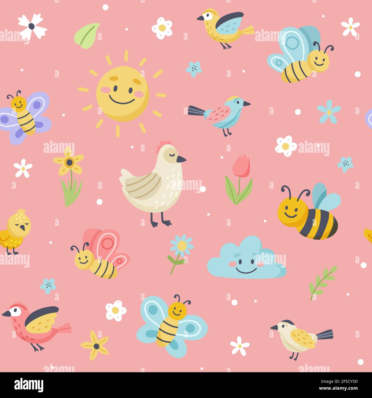 Motif Pâques avec de jolis papillons, des abeilles et des oiseaux. Éléments de dessin animé plats dessinés à la main. Illustration vectorielle Illustration de Vecteur