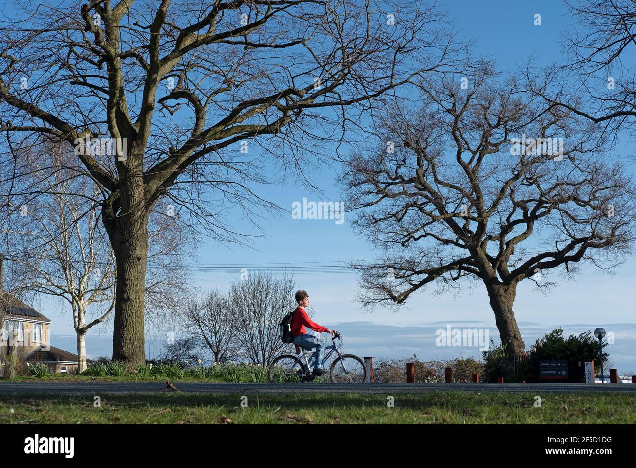 Cycliste au début du printemps, Bristol, Royaume-Uni Banque D'Images