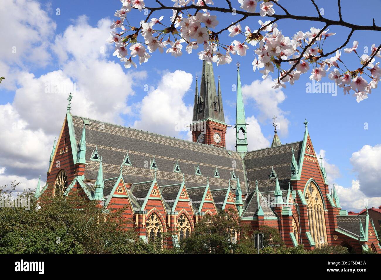 Printemps à Göteborg en Suède. Point de repère de Göteborg - Oscar Fredriks Kyrka (église Oscar Fredrik). Cerisiers en fleurs au printemps. Banque D'Images
