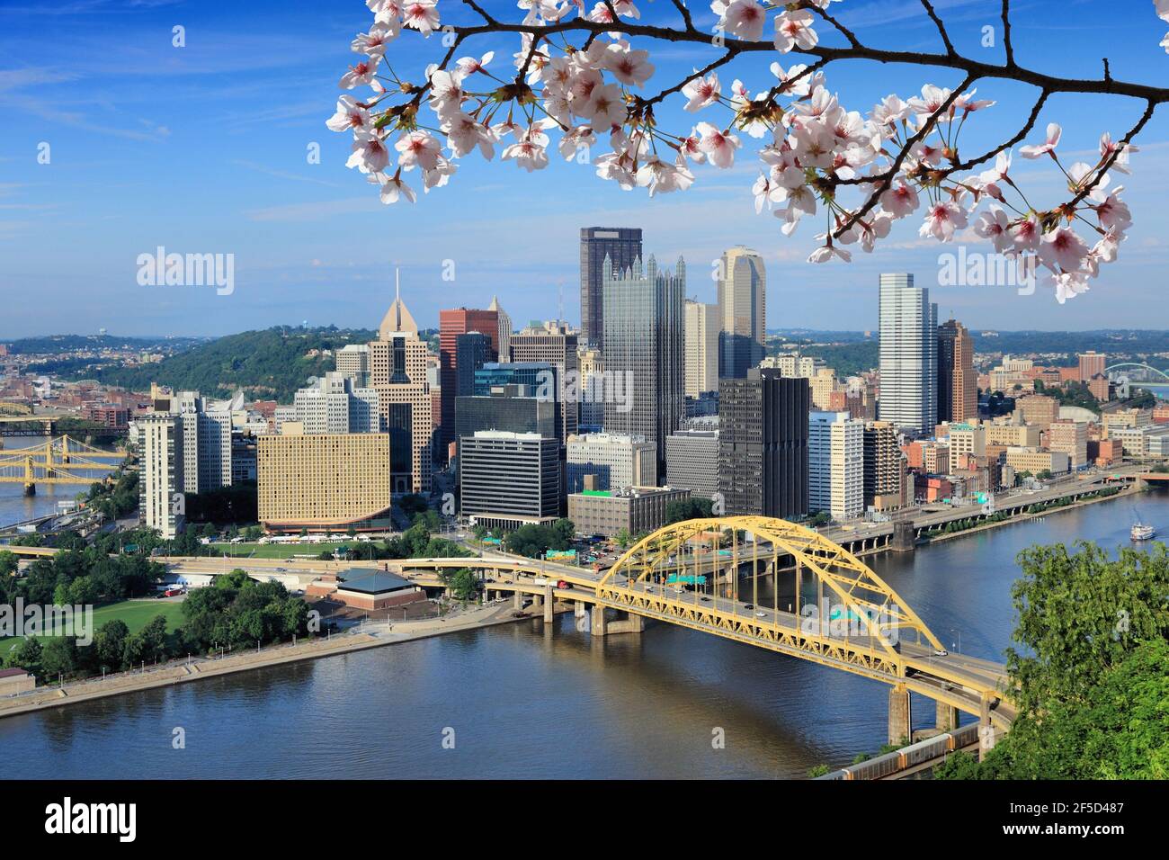 Printemps à Pittsburgh, Pennsylvanie. Gratte-ciel de Pittsburgh avec cerisiers en fleurs. Banque D'Images