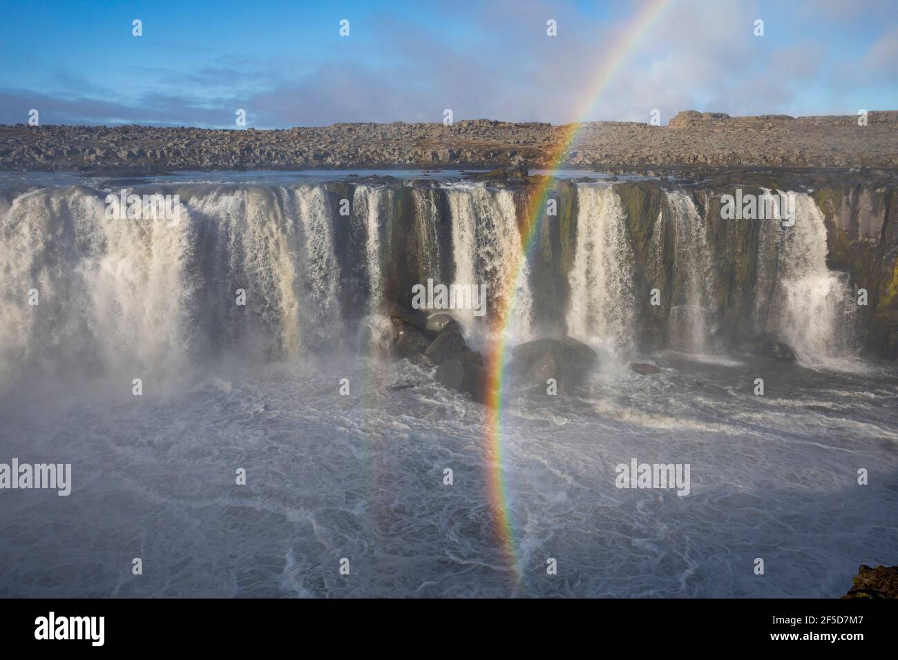 Cascade Selfoss, cascade de la rivière Joekulsá á Fjoellum, germe formant un arc-en-ciel, Islande, Parc national de Joekulsargljufur Banque D'Images