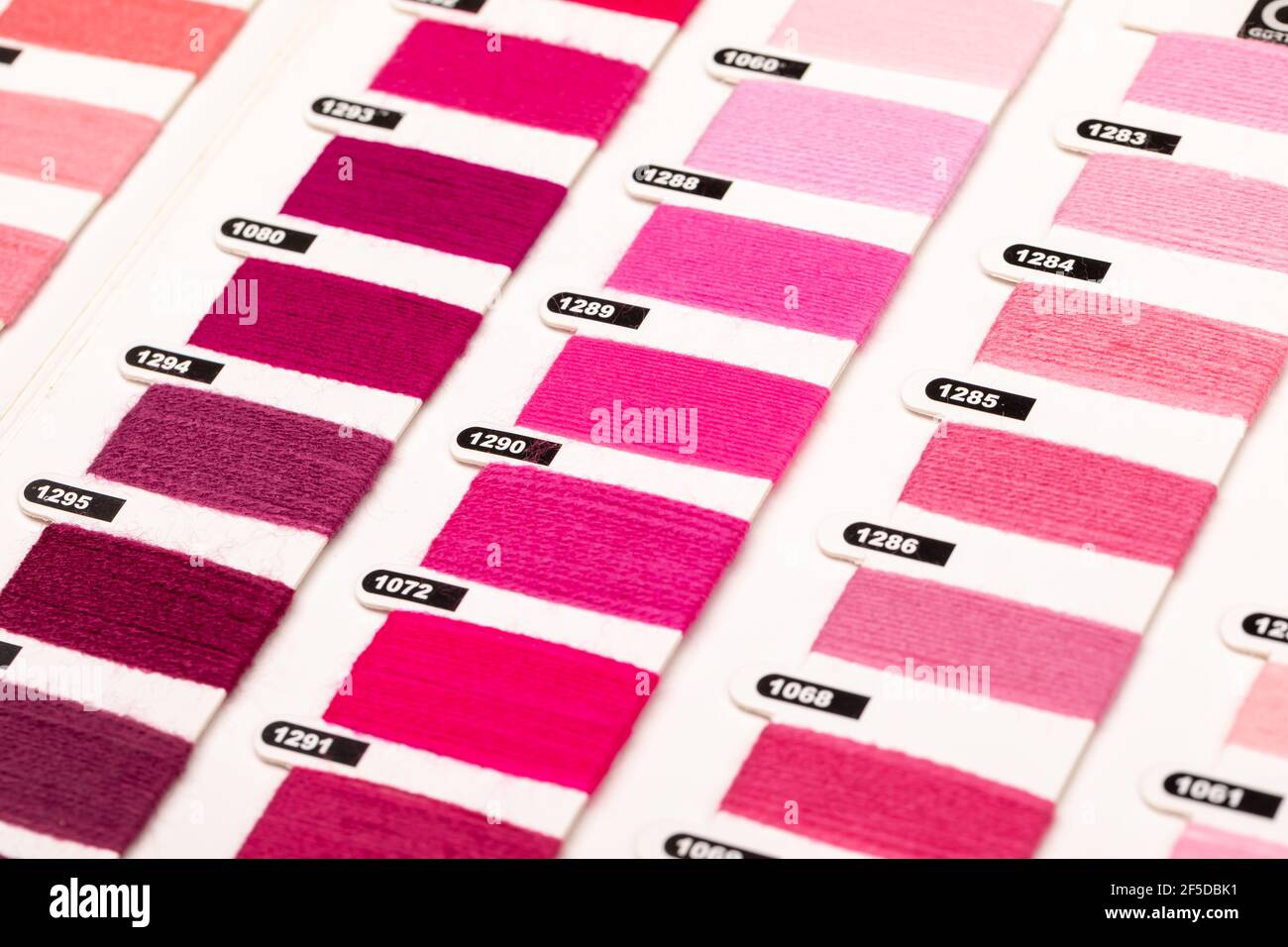 Rouge violet et rose teinte thread fil des échantillons close-up Banque D'Images