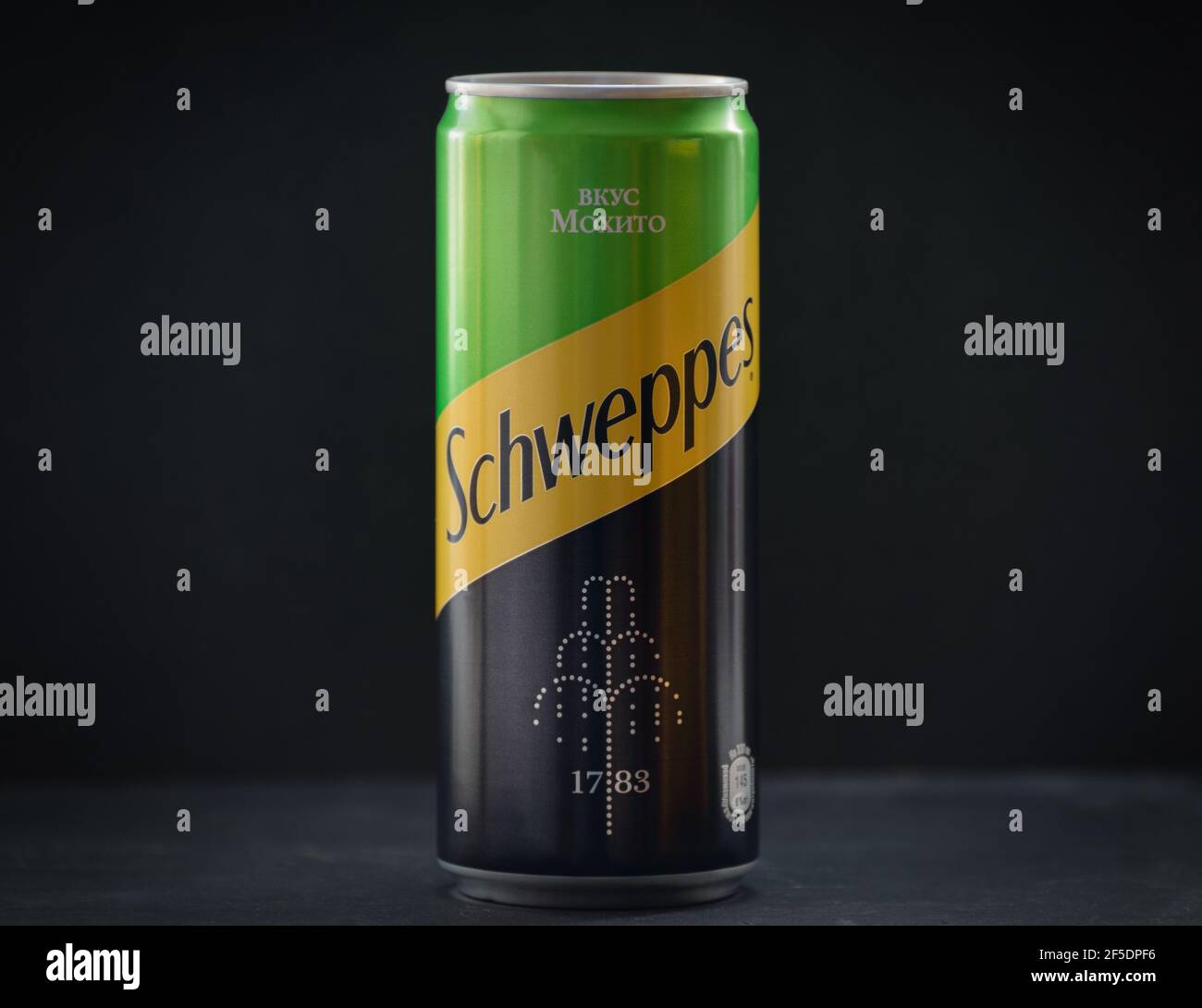 VLADIVOSTOK, RUSSIE - 04 JUIN 2017 : Schweppes dans une boîte d'étain sur fond sombre. Banque D'Images