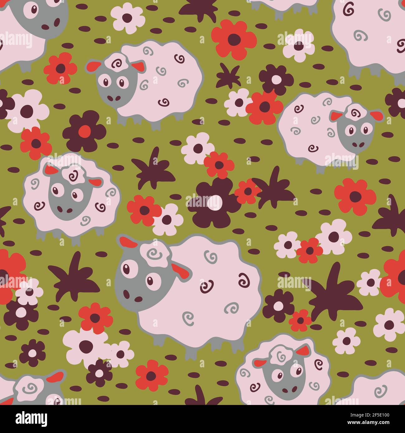 Motif vectoriel sans couture avec des moutons et des fleurs sur fond vert. Papier peint animal simple. Textile de mode de ferme dessiné à la main. Illustration de Vecteur