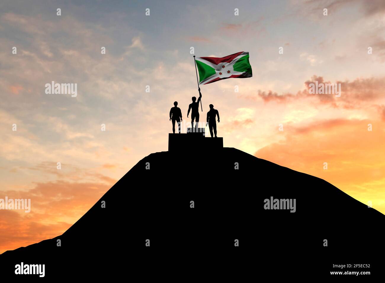 Le drapeau du Burundi est en train d'être brandi sur le podium des gagnants. Rendu 3D Banque D'Images