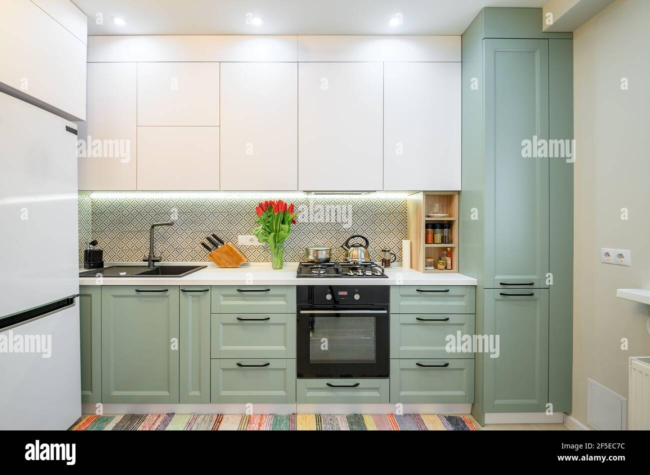 Cuisine moderne en vert-sarcelle, mobilier en façade Banque D'Images
