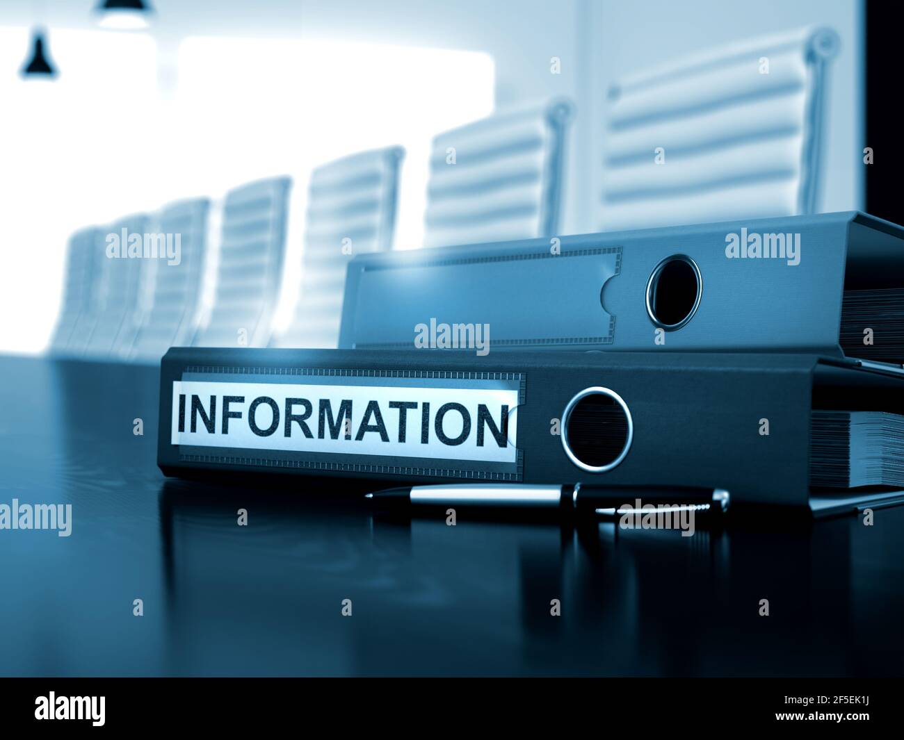 Informations. Illustration sur fond teinté. Dossier de fichiers avec informations d'inscription sur le bureau de travail. Rendu 3D. Banque D'Images