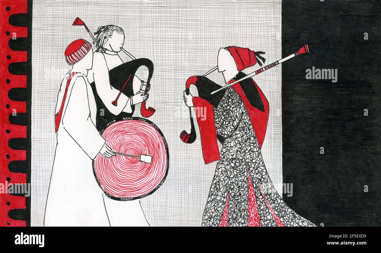 Illustration de musique médiévale dessinée à la main. Musiciens habillés historiques Banque D'Images