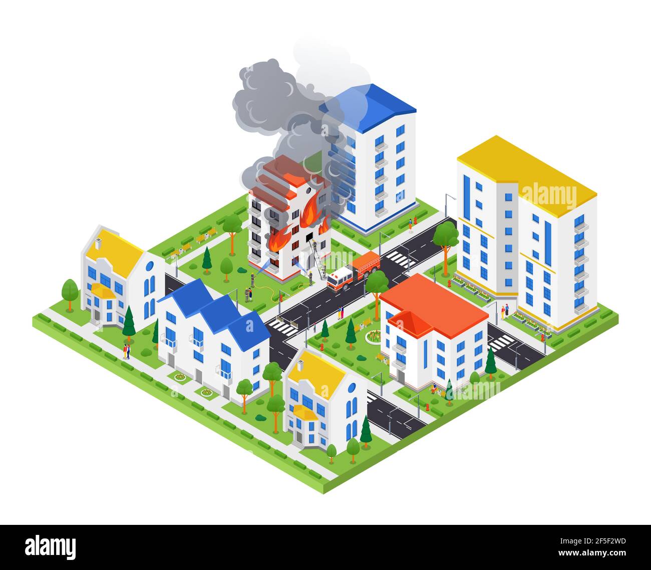 Service de lutte contre les incendies - vecteur moderne illustration isométrique colorée sur fond blanc. Une composition avec un bâtiment en feu, les pompiers s'éteignent Illustration de Vecteur