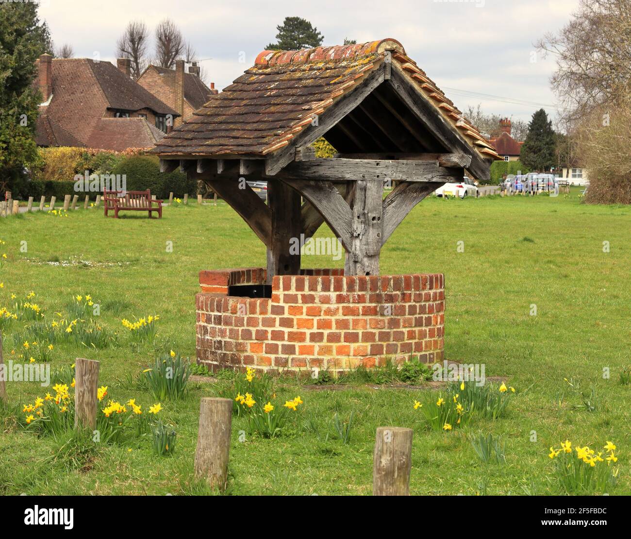 Village anglais vert avec puits ancien avec jonquilles printanières autour il Banque D'Images