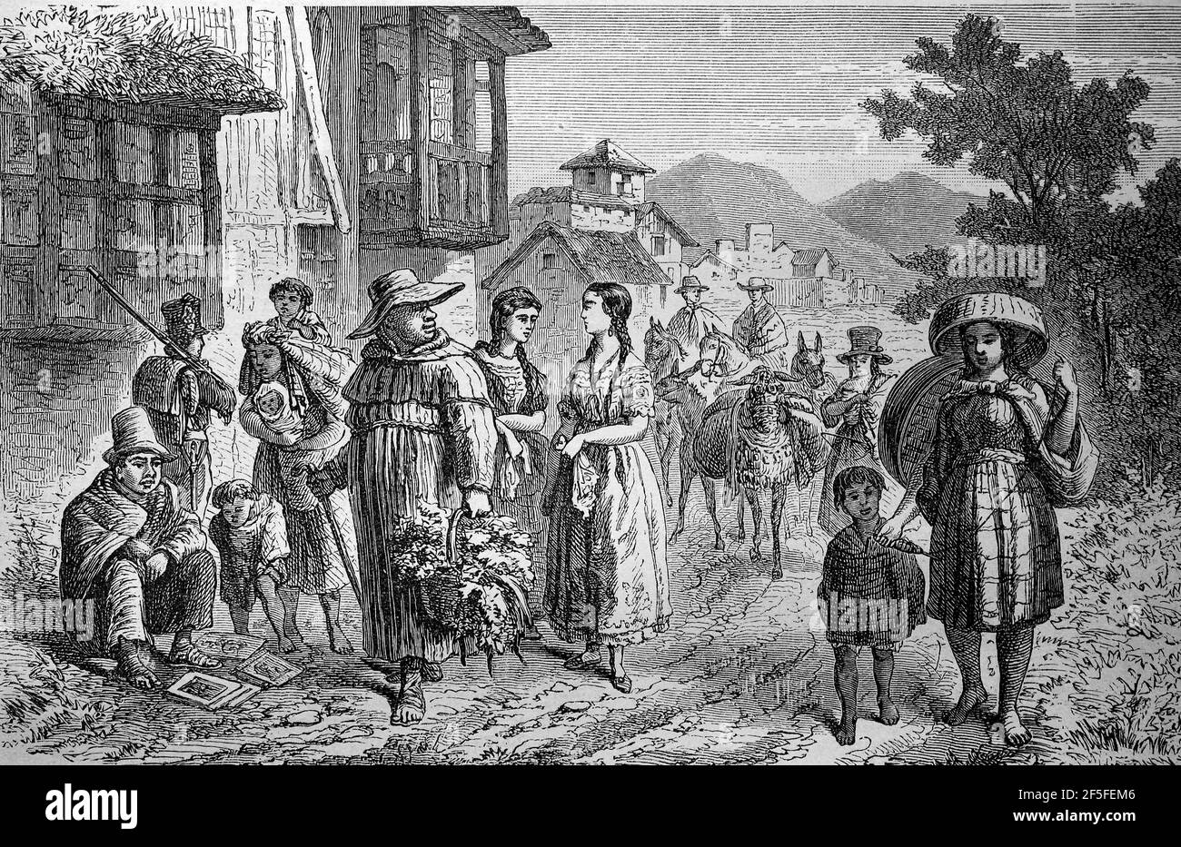 Types de personnes dans une rue à Quito, Equateur, en 1880 / Volkstypen auf einer Straße à Quito, Equateur, im Jahre 1880, Historisch, historique, Digital reproduction améliorée d'un original du 19ème siècle / digitale Reproduktion einer Originalvorlage aus dem 19. Jahrhundert, Banque D'Images