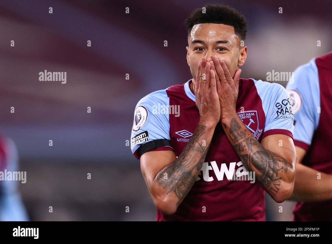 Jesse Lingard, de West Ham United, fête ses célébrations après avoir atteint son objectif 1-0 - West Ham United contre Leeds United, Premier League, London Stadium, Londres, Royaume-Uni - 8 mars 2021 usage éditorial exclusif - restrictions DataCo. Applicables Banque D'Images